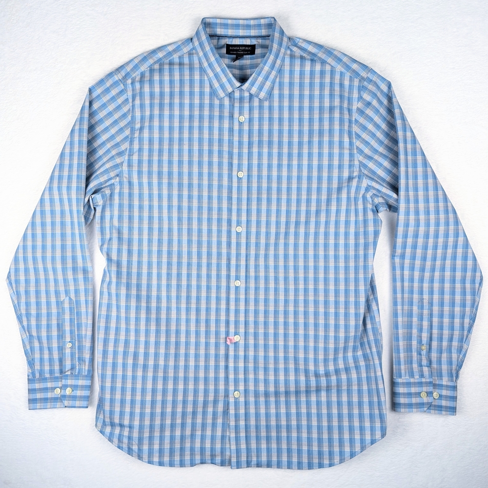 Banana Republic Shirt Mens XL 17-17.5 (35"-36") Blue Plaid Non Iron Slim Fit